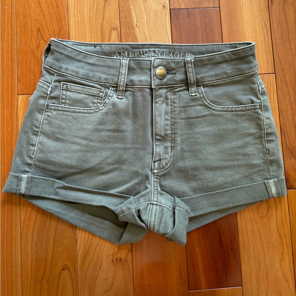2000s American Eagle Green Super Stretch High Rise Denim Shorts